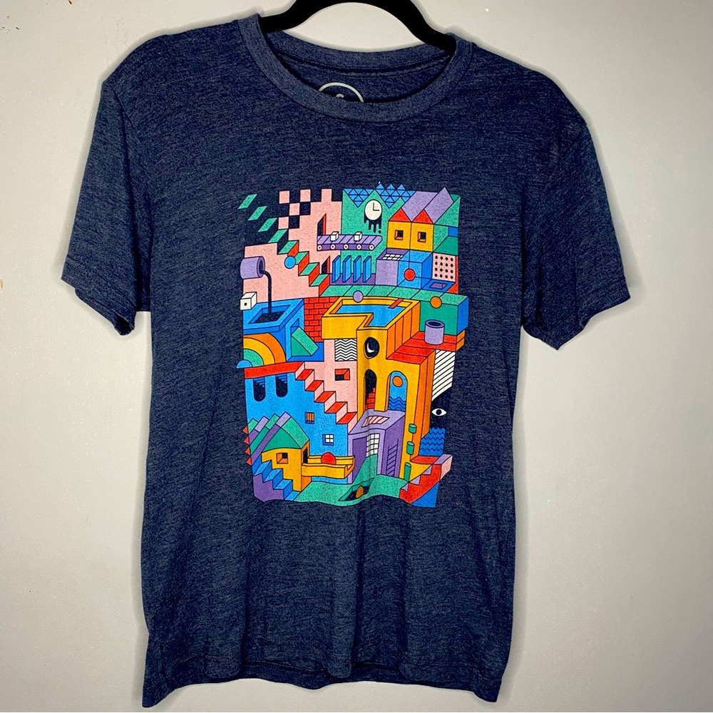 M. C. Escher “Relativity” Inspired Blue/Gray Small T-Shirt Cotton Bureau